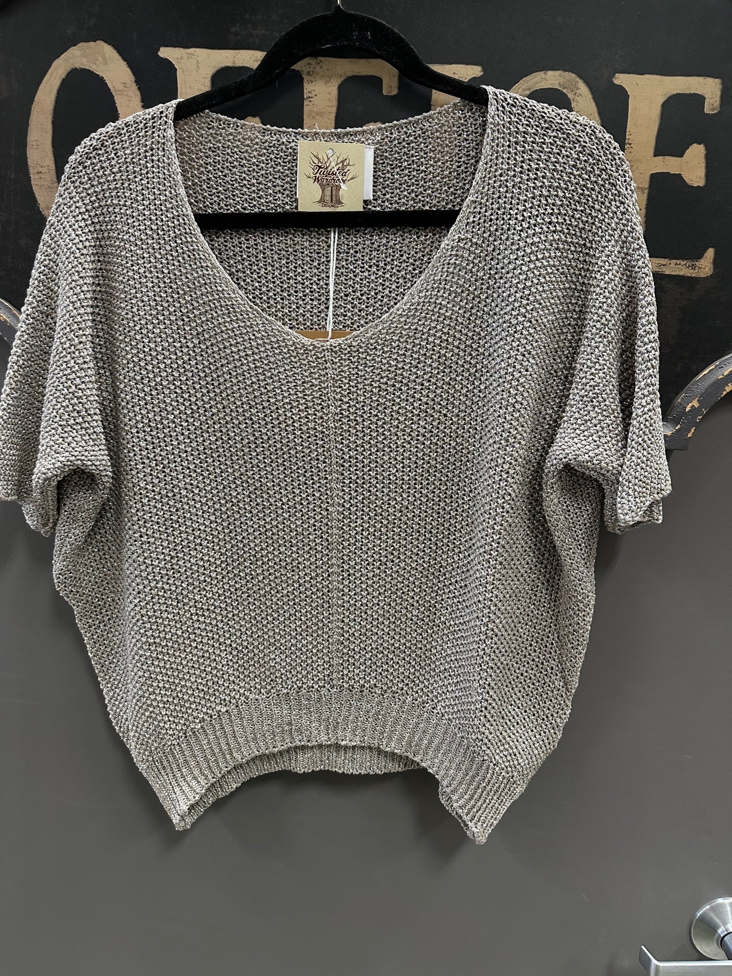 SHORT SLEEVE CROCHET LUREX SWEATER