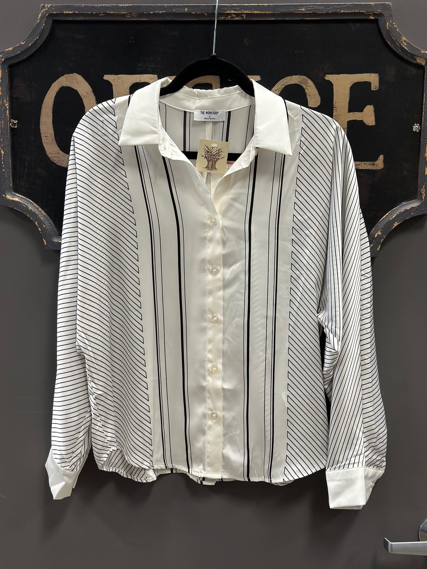 ASYMMETRICAL STRIPE COLLARED BUTTON DOWN BLOUSE