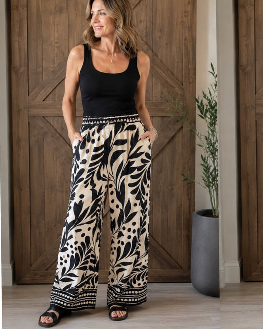 BORDER PRINT WIDE LEG PANTS