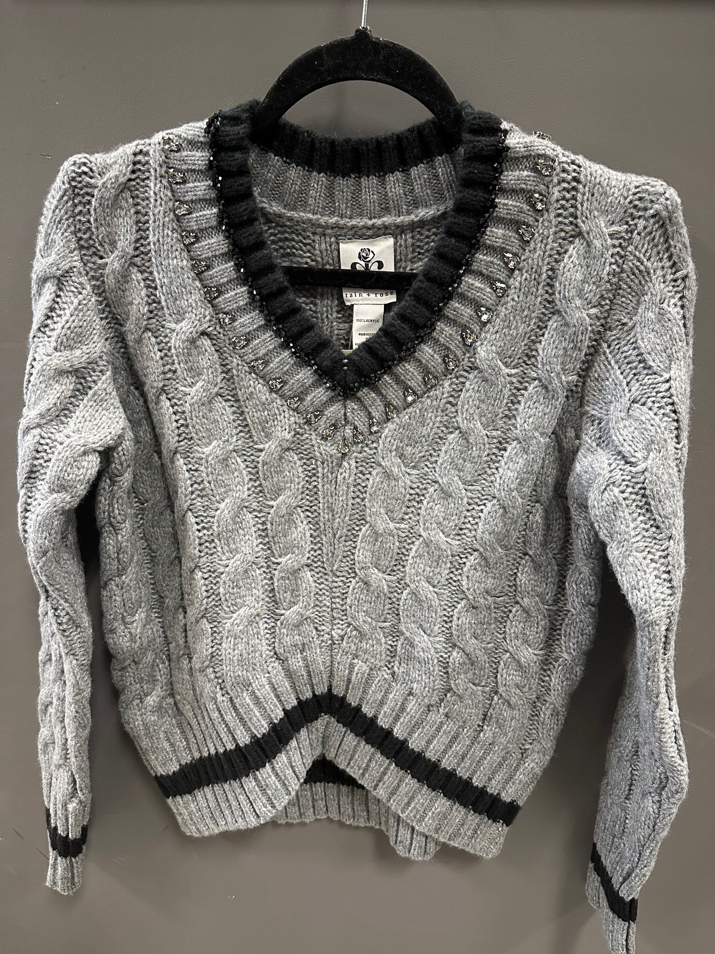 Cable Knit Jeweled Embellished V-Neck Sweater