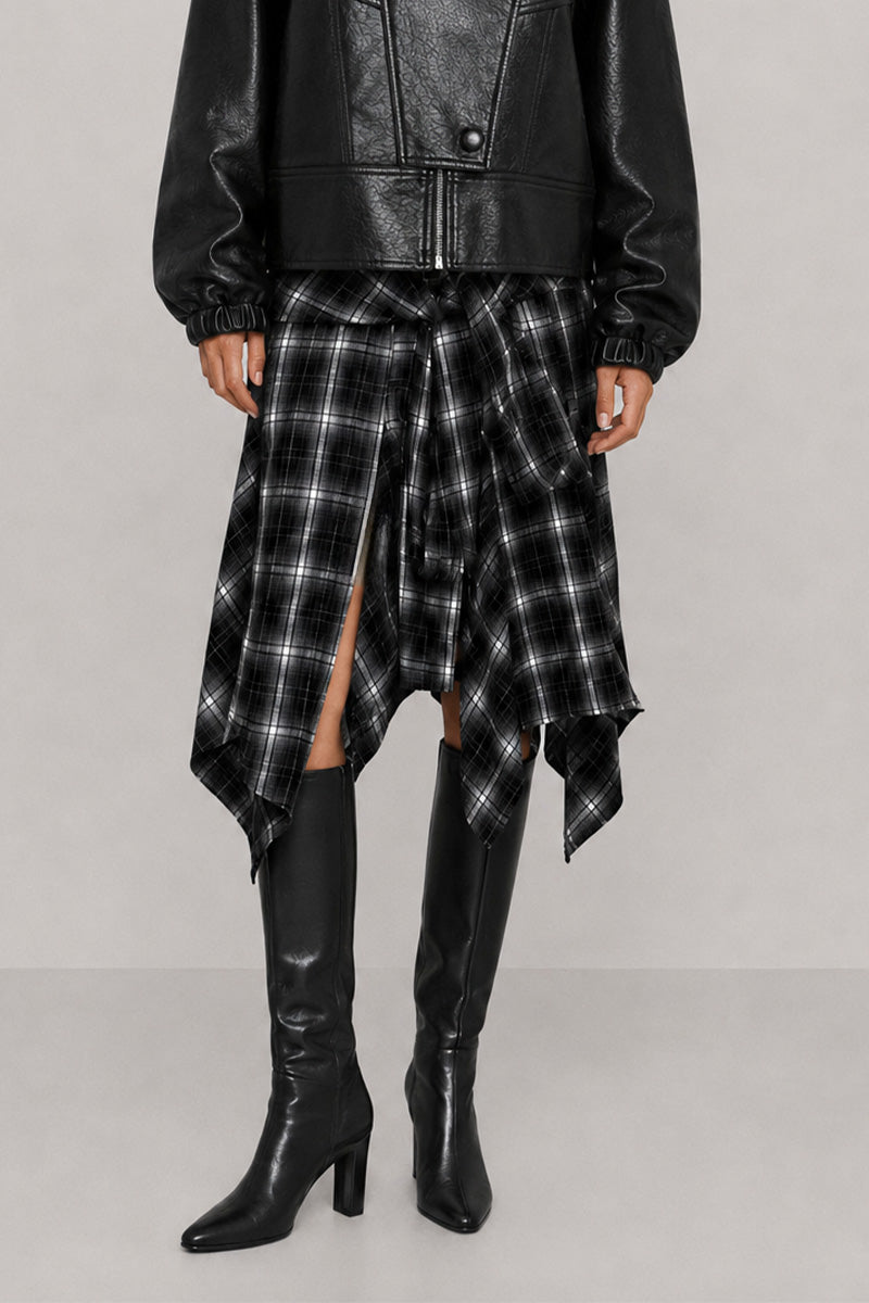 ASYMETRICAL PLAID SKIRT WITH A FRONT TIE SLEEVE