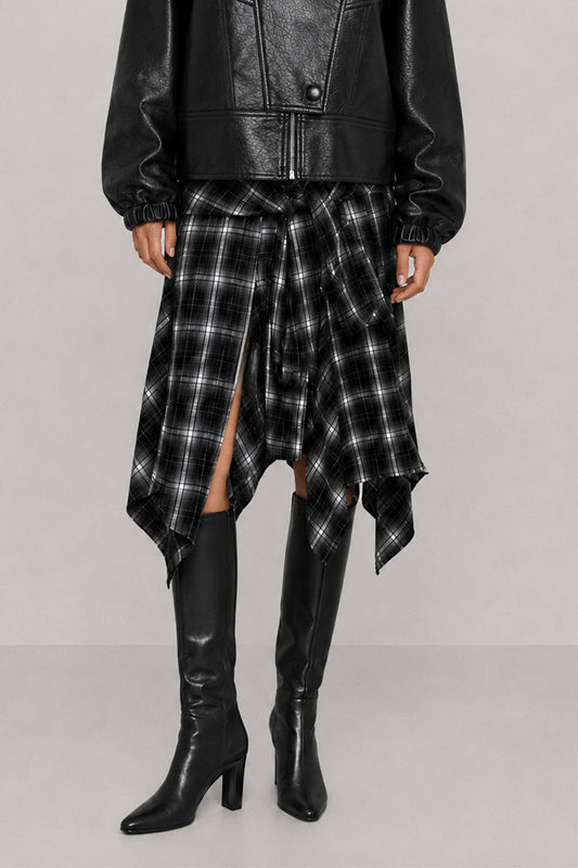 ASYMETRICAL PLAID SKIRT WITH A FRONT TIE SLEEVE