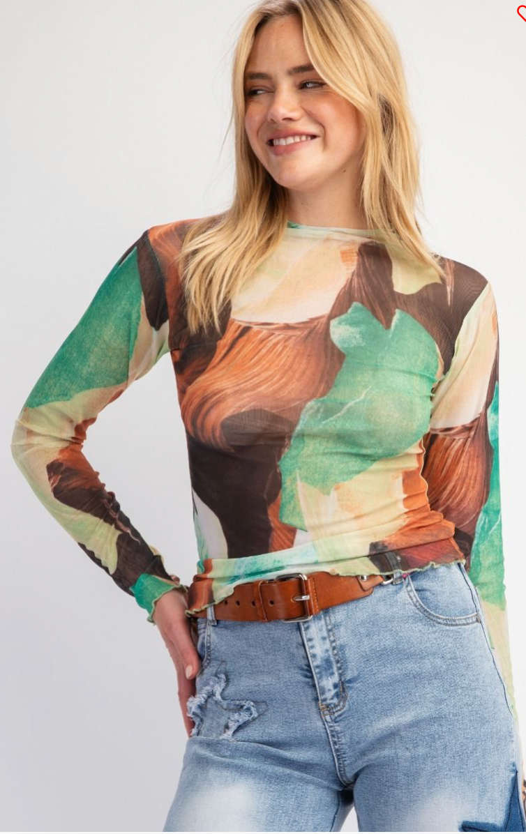 LONG SLEEVE ABSTRACT PRINT MESH TOP