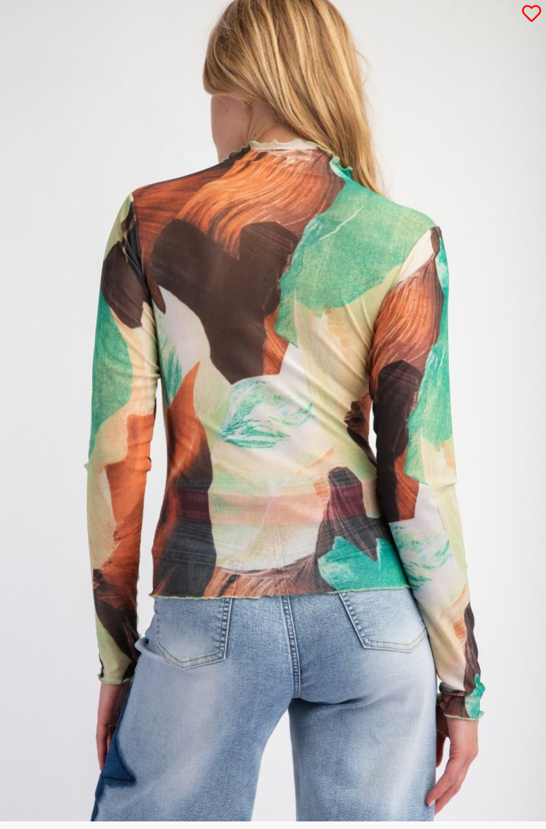 LONG SLEEVE ABSTRACT PRINT MESH TOP