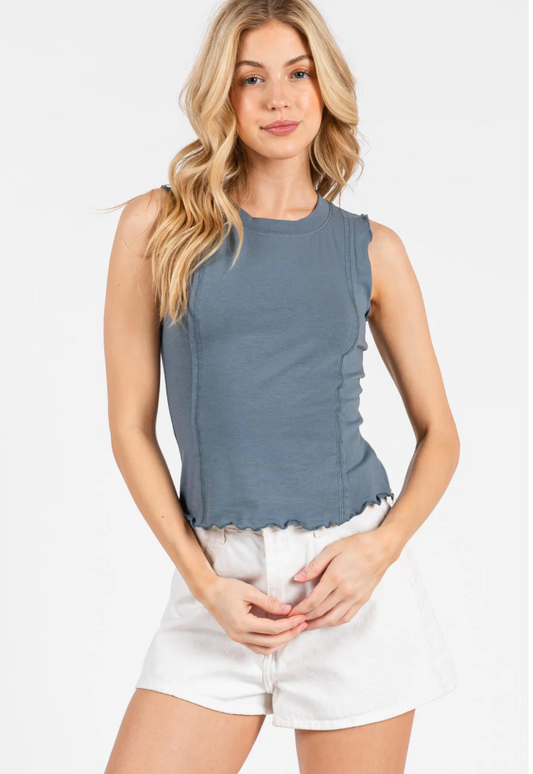 SLEEVELESS COTTON SPAN CREW NECK REVERSE STITCH DETAILED BOTTOM