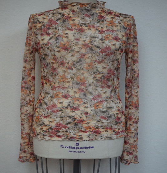 FLORAL MESH PRINT MOCK NECK LONG SLEEVE TOP