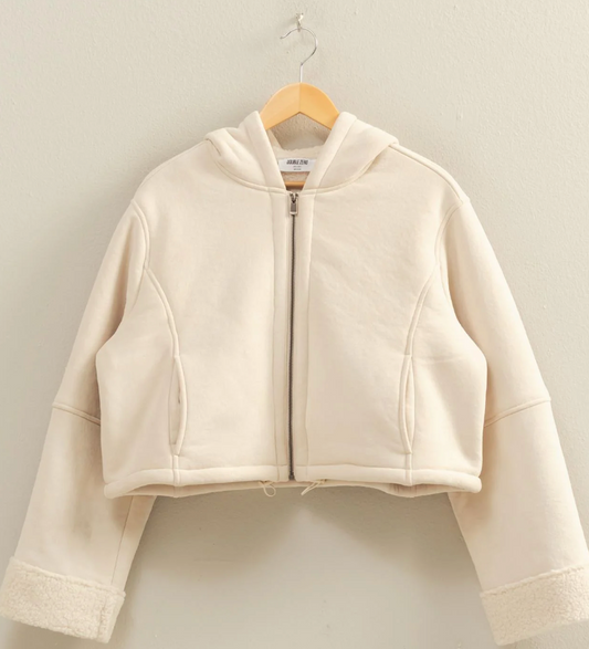 FAUX JACKET HAS ZIP UP FRONT AND HOODIE