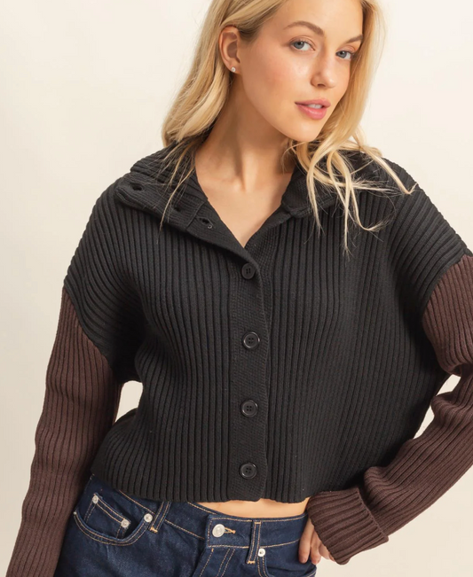 SWEATER OR CARDIGAN WITH CONTRASTING SLEEVES