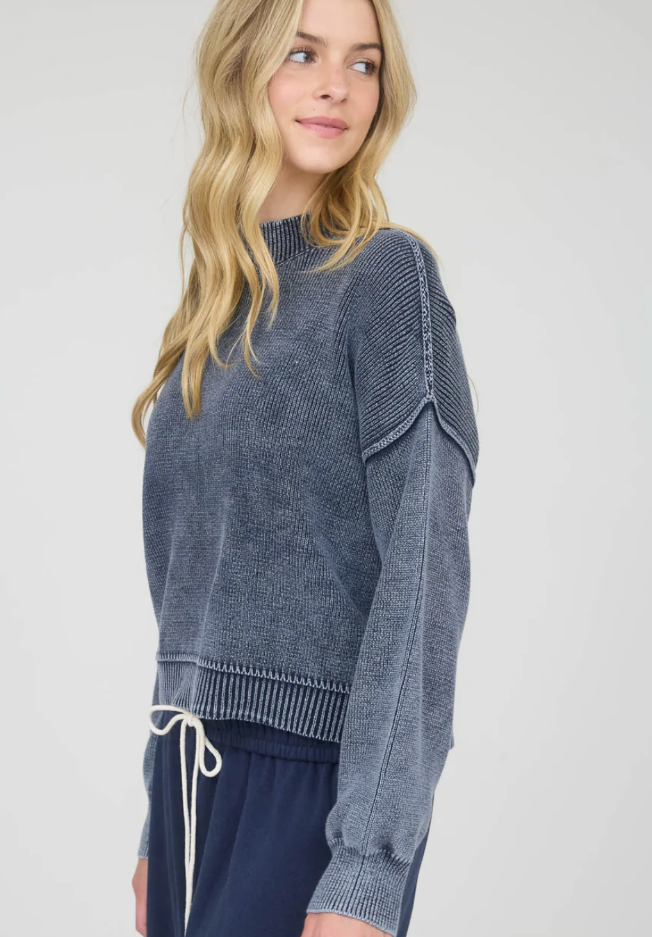 WASHED MOCK NECK LONG SLEEVE KNIT TOP