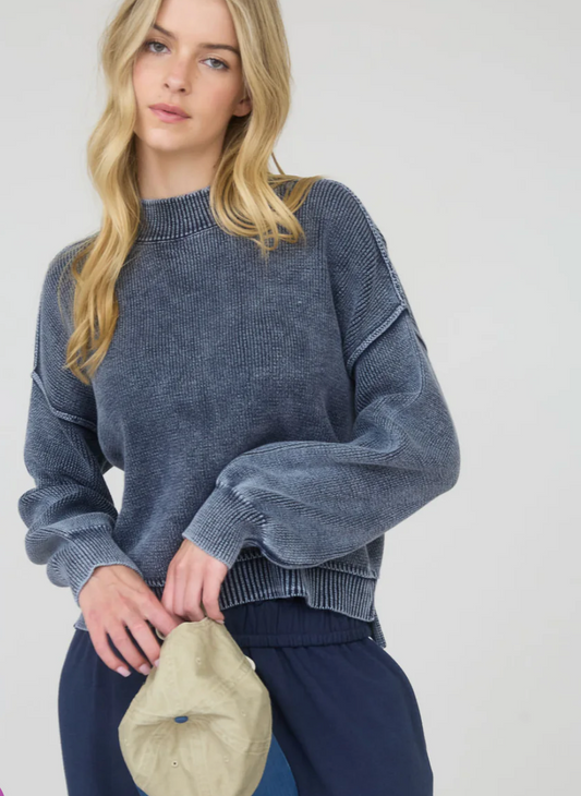 WASHED MOCK NECK LONG SLEEVE KNIT TOP