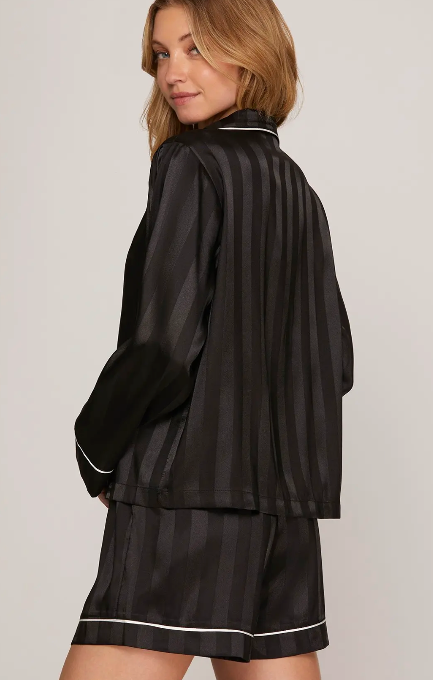 SATIN STRIPED LONG SLEEVE TOP AND SHORTS PAJAMA SET