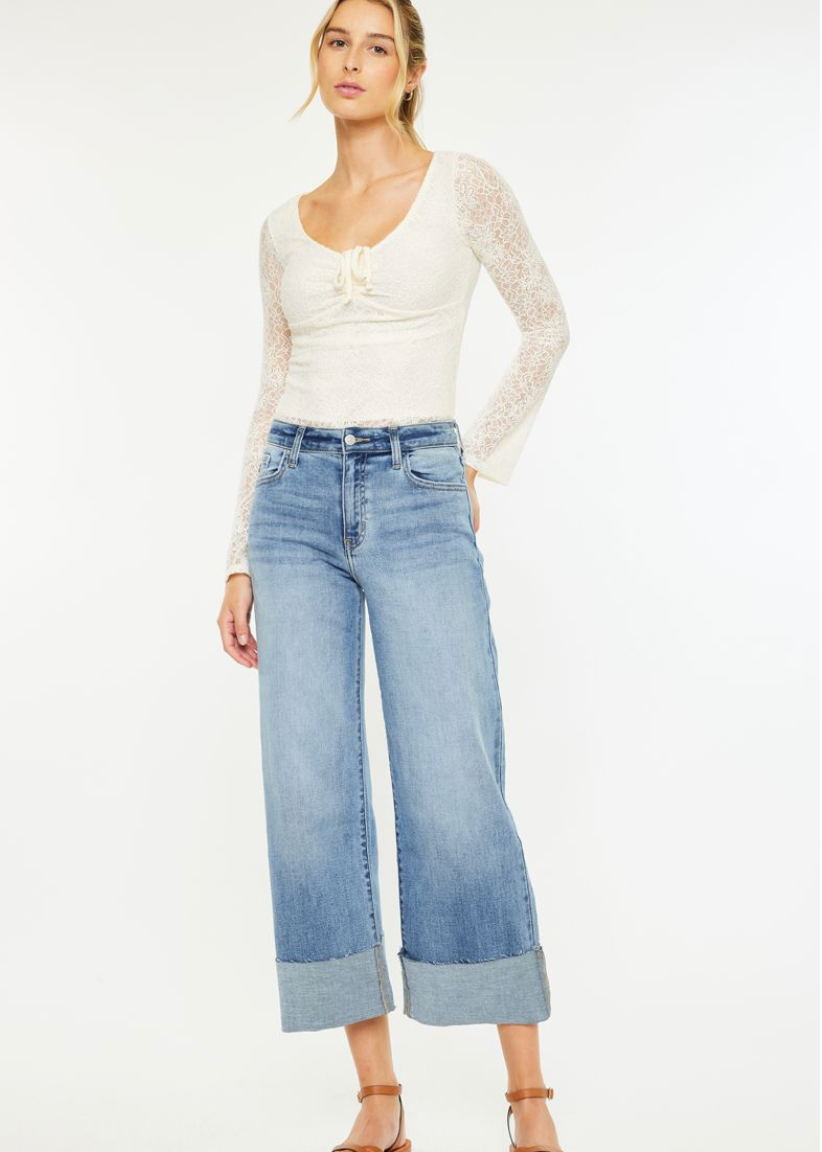 KANCAN HIGH RISE CROP WIDE LEG JEANS STRETCH RAW EDGE CUFFED HEM