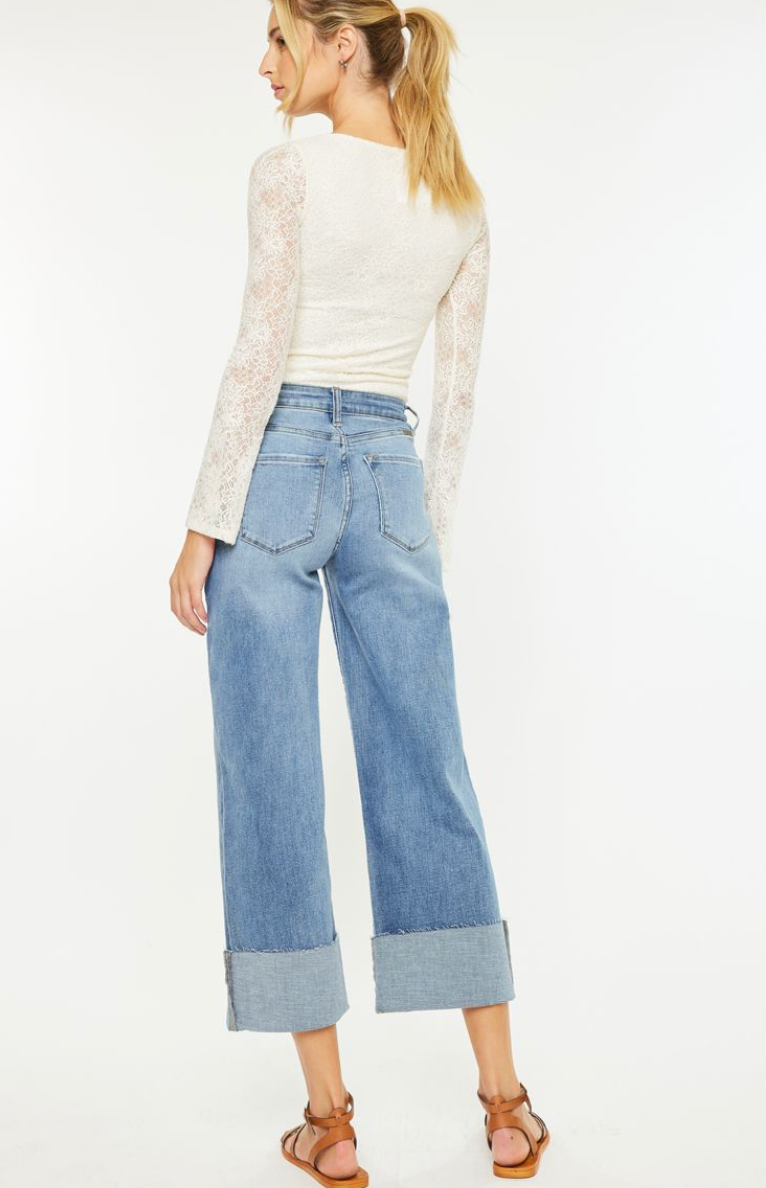 KANCAN HIGH RISE CROP WIDE LEG JEANS STRETCH RAW EDGE CUFFED HEM