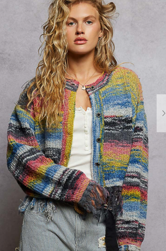 MULTI COLOR BUTTON DOWN FRINGE SWEATER