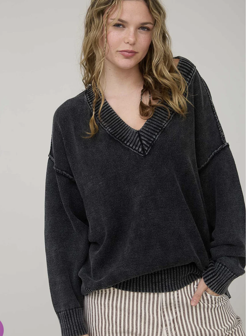 WASHED V NECK LONG SLEEVE KNIT SWEATER TOP