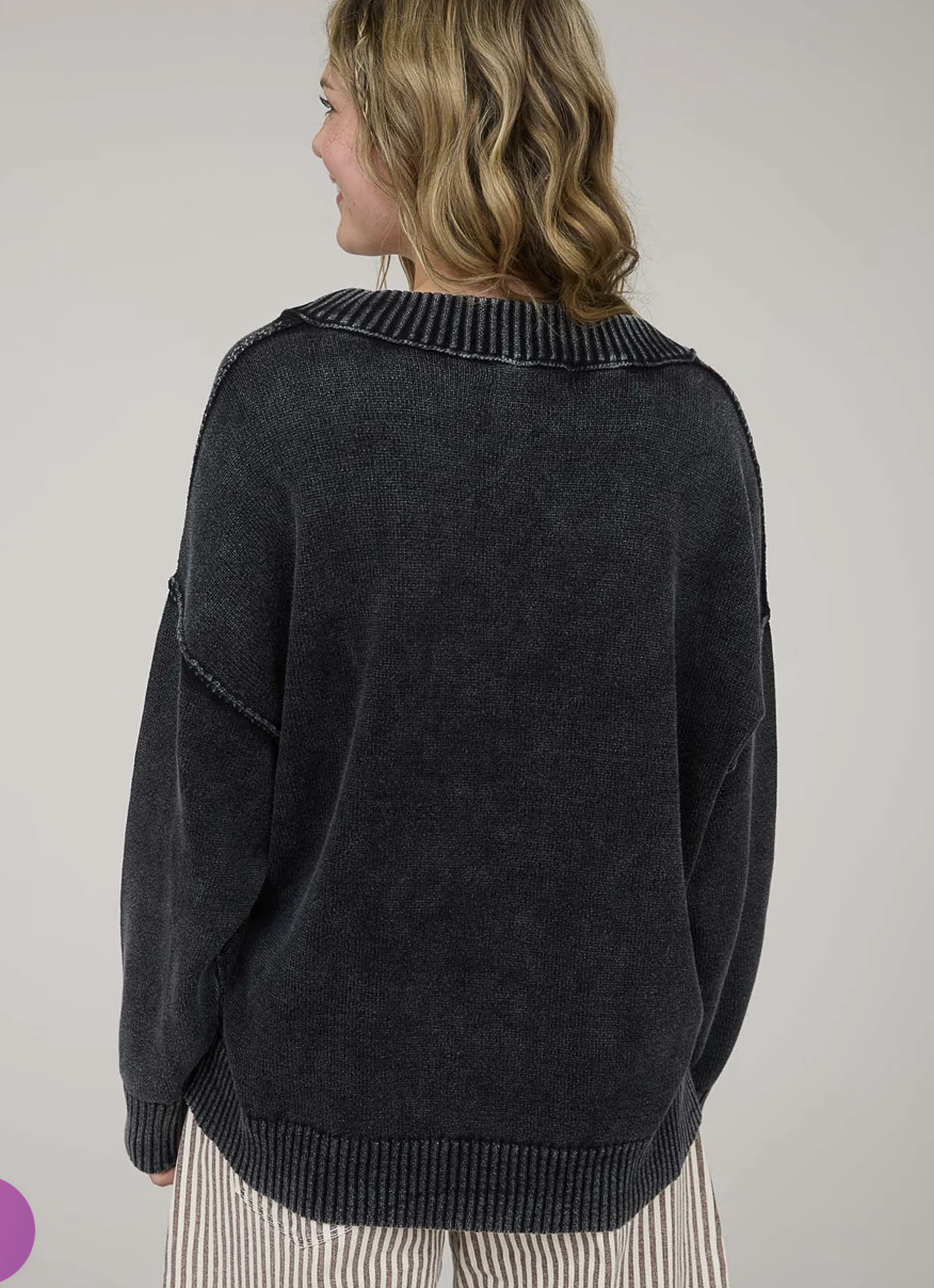 WASHED V NECK LONG SLEEVE KNIT SWEATER TOP