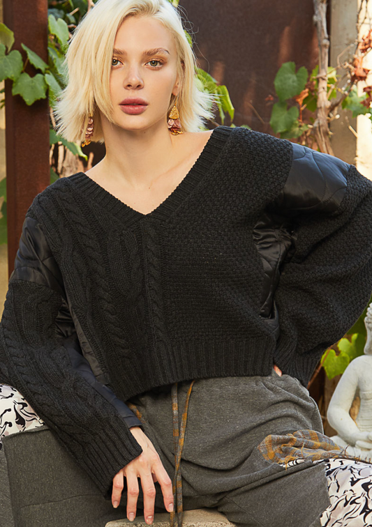 V-NECK LONG SLEEVE SWEATER W/ QUILTING PATCH