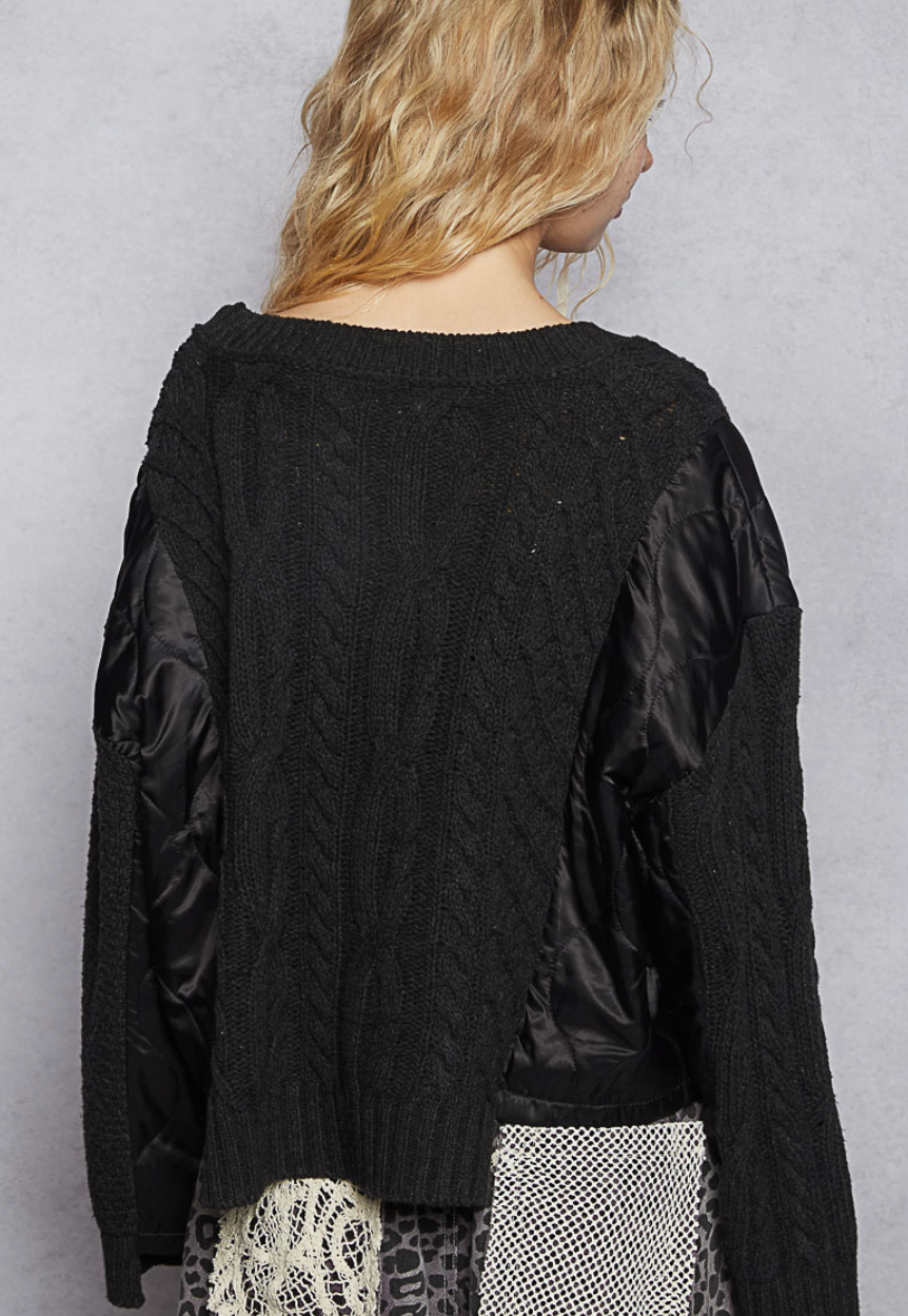 V-NECK LONG SLEEVE SWEATER W/ QUILTING PATCH