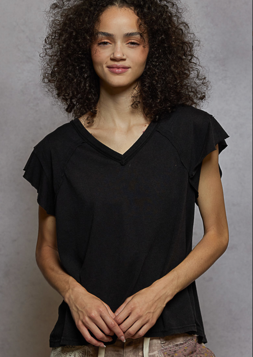 V-NECK SHORT SLEEVE TOP WITH FLUTTER SLEEVE