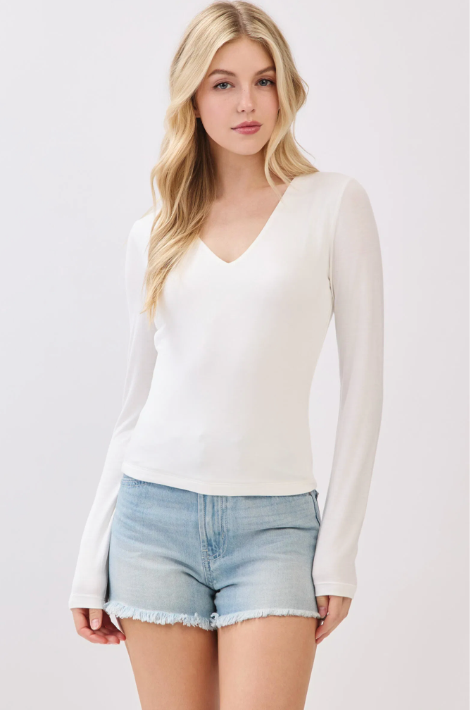 DOUBLE LAYER V-NECK LONG SLEEVE FITTED KNIT TOP
