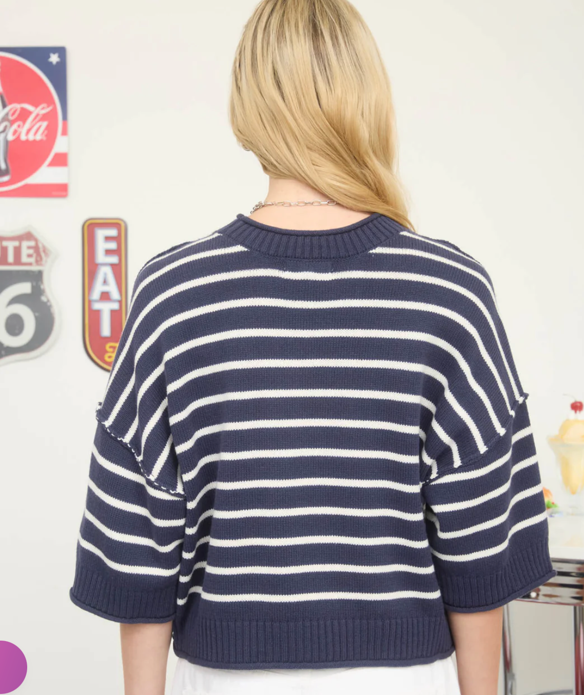 STRIPE RAW EDGE DROP SHOULDER 3/4  SLEEVE SWEATER