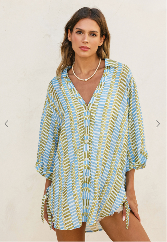PRINTED BUTTON DOWN TUNIC BLOUSE WITH SIDE KNOTS