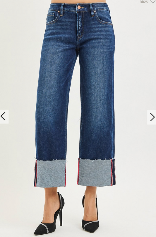 RISEN TUMMY CONTROL MID RISE CROP WIDE CUFFED JEANS