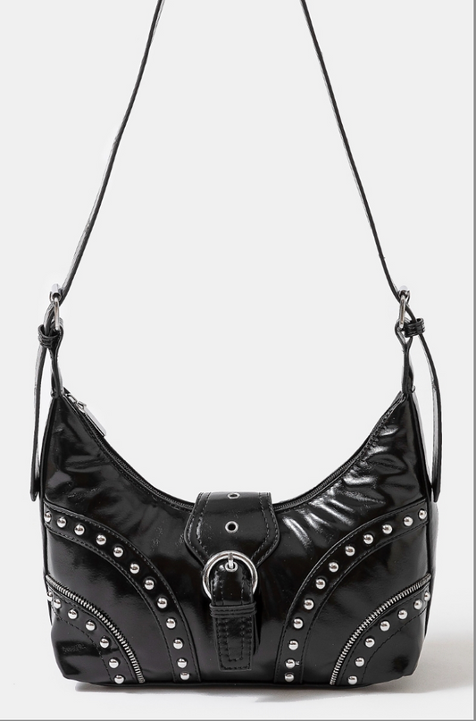 A UNIQUE FAUX LEATHER STUDDED SHOULDER BAG