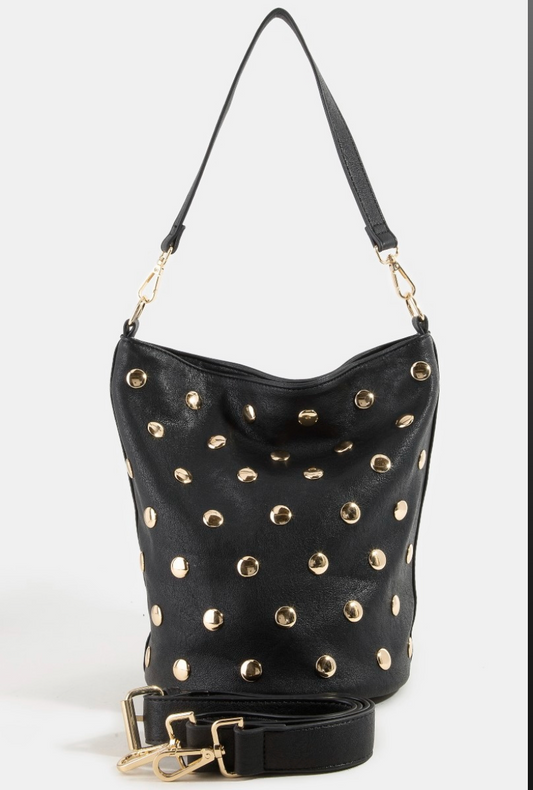 BUCKET BAG WITH UNIQUE STUDDED FAUX LEATHER