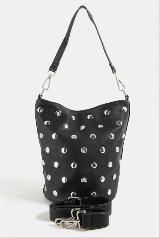 CROSSBODY HAND BAG WITH SILVER STUDDED FAUX LEATHER