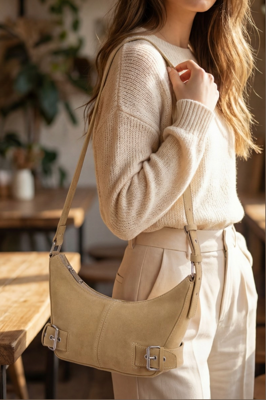 FAUX SUADE SHOULDER BAG W/ UNIQUE DOUBLE BUCKLE