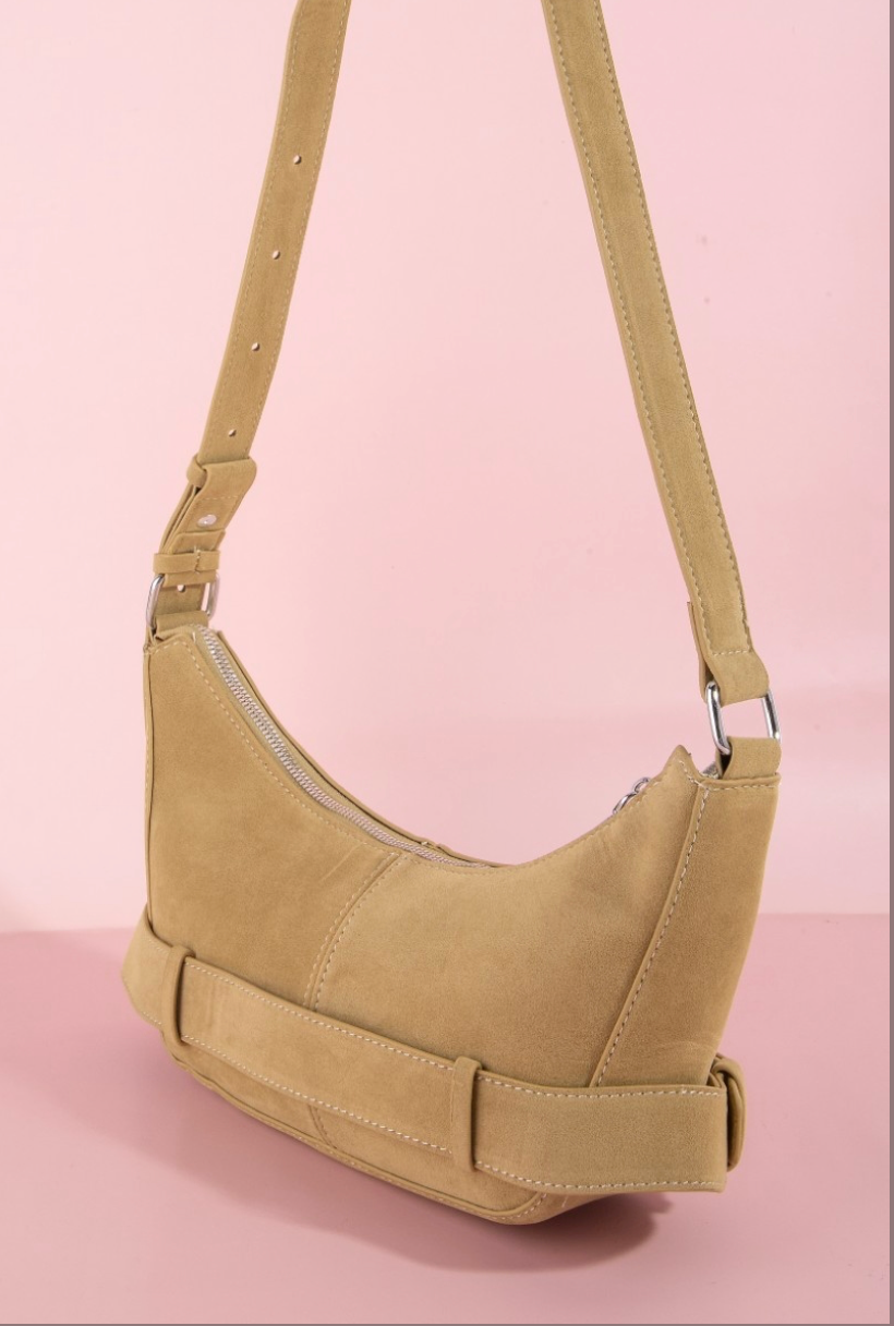 FAUX SUADE SHOULDER BAG W/ UNIQUE DOUBLE BUCKLE