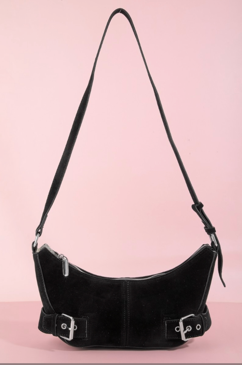 FAUX SUADE SHOULDER BAG W/ UNIQUE DOUBLE BUCKLE