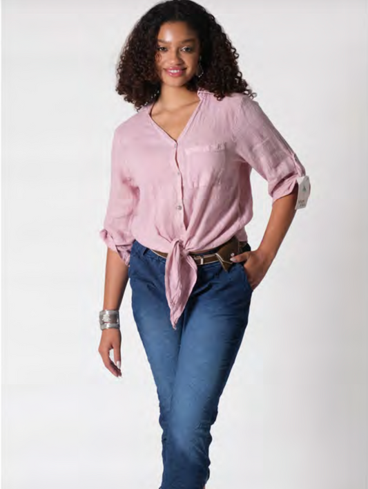 LINEN BUTTON DOWN TOP WITH LACE CROCHET ON BACK