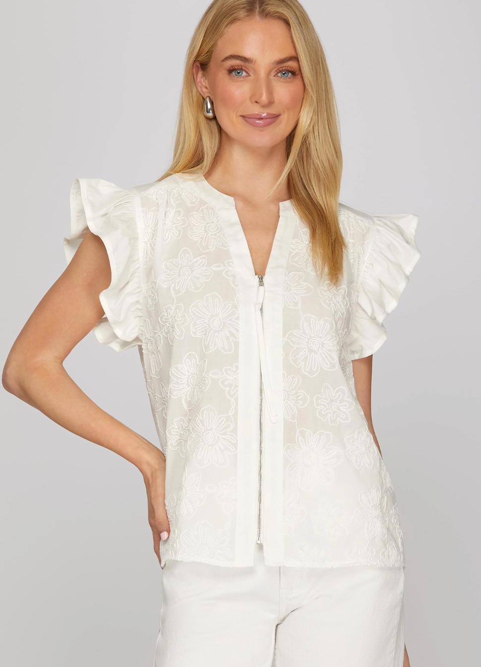 RUFFLE SLEEVE FRONT ZIP EMBROIDERED TOP