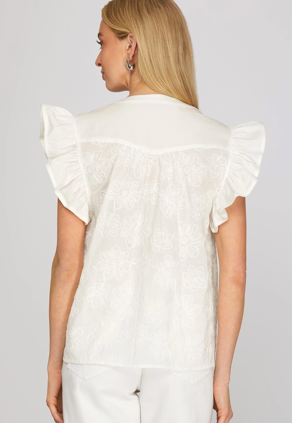 RUFFLE SLEEVE FRONT ZIP EMBROIDERED TOP