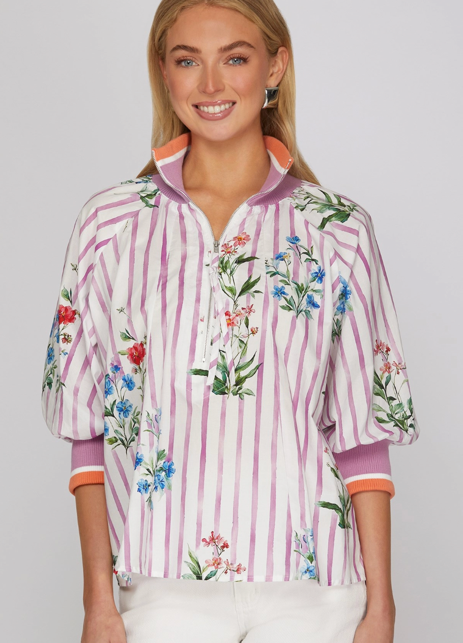 3/4 SLEEVE HALF ZIP PULLOVER PRINTED TOP