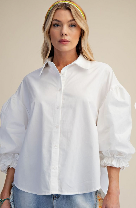 3/4 SLEEVES BUTTON DOWN POPLIN TOP