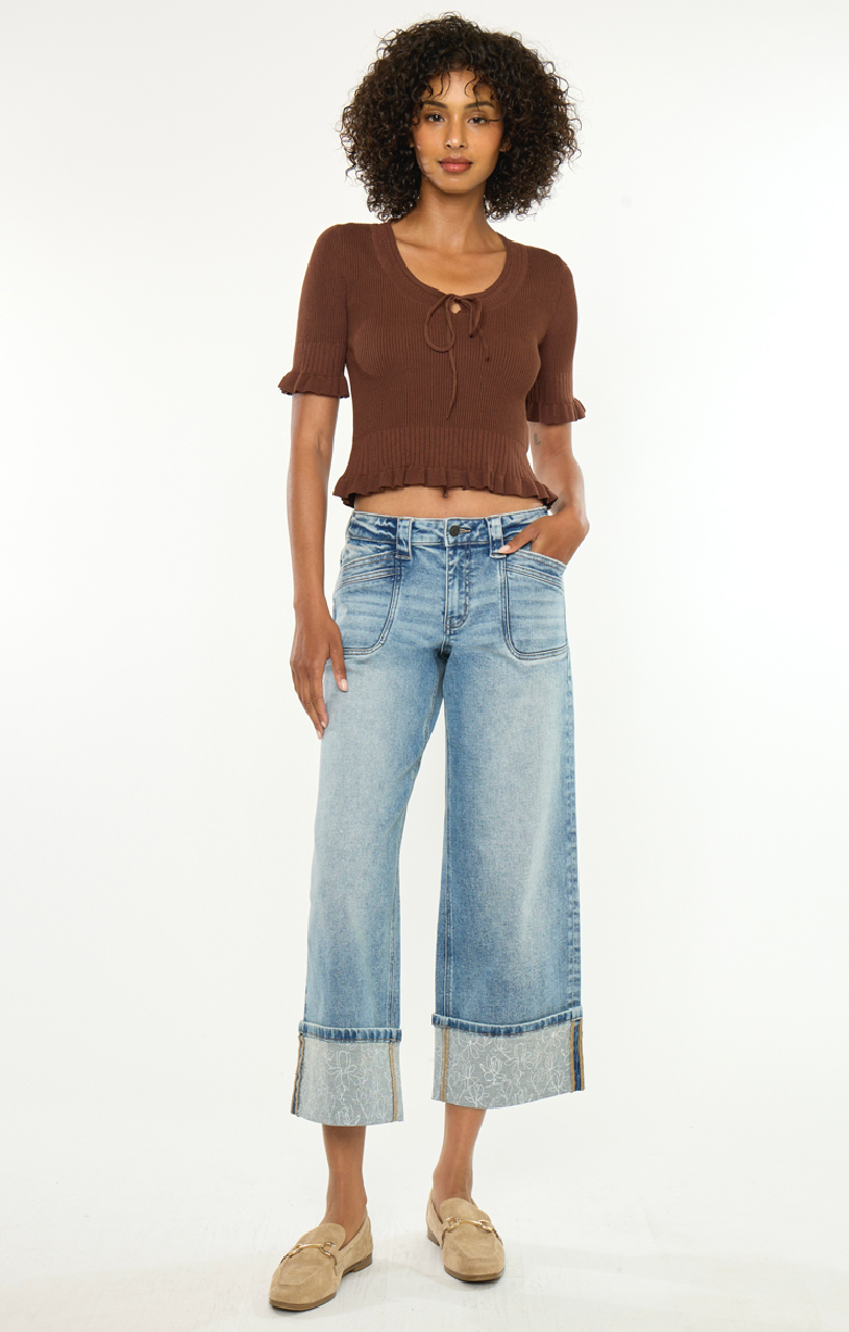 KANCAN MID RISE CROP WIDE LEG DENIM