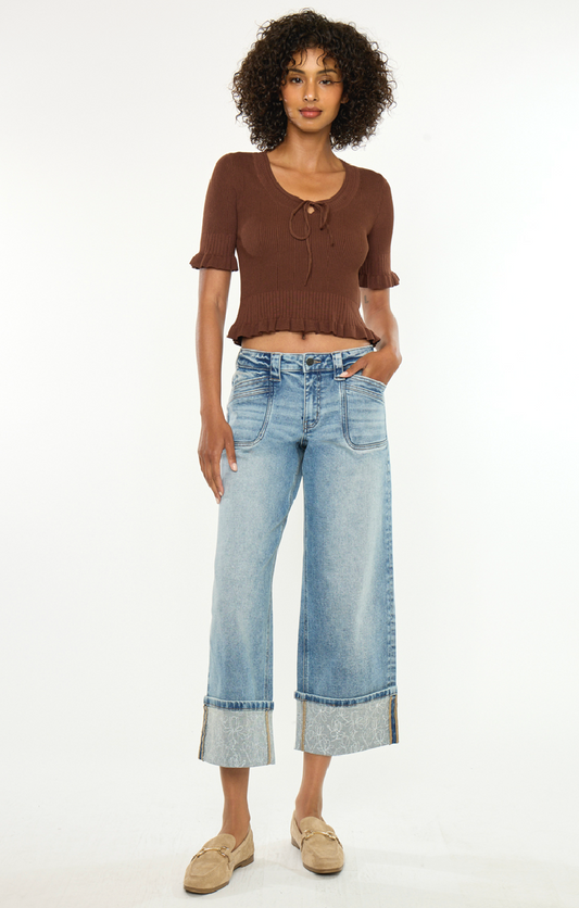 KANCAN MID RISE CROP WIDE LEG DENIM