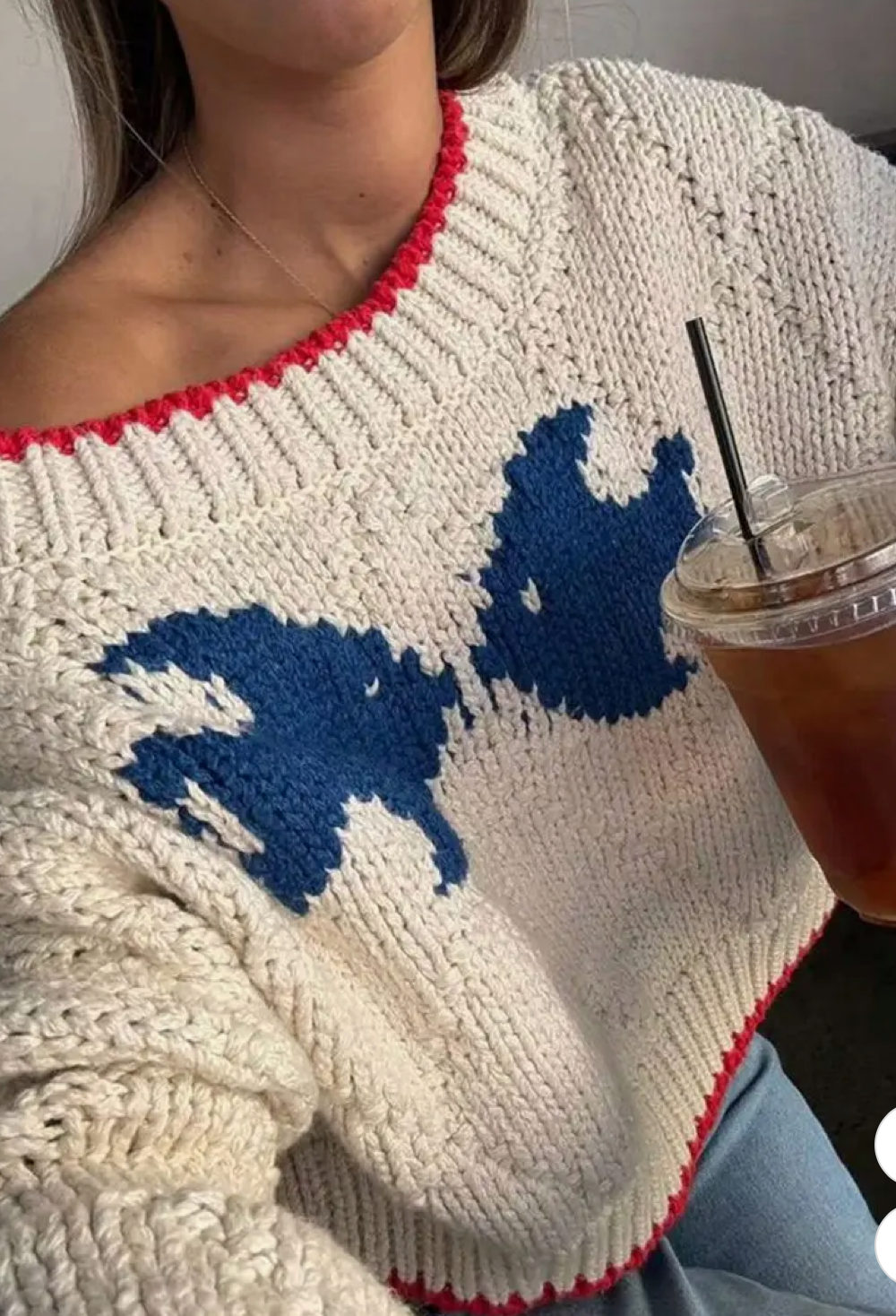 OVERSIZED KNIT SWEATER WITH RED TRIM