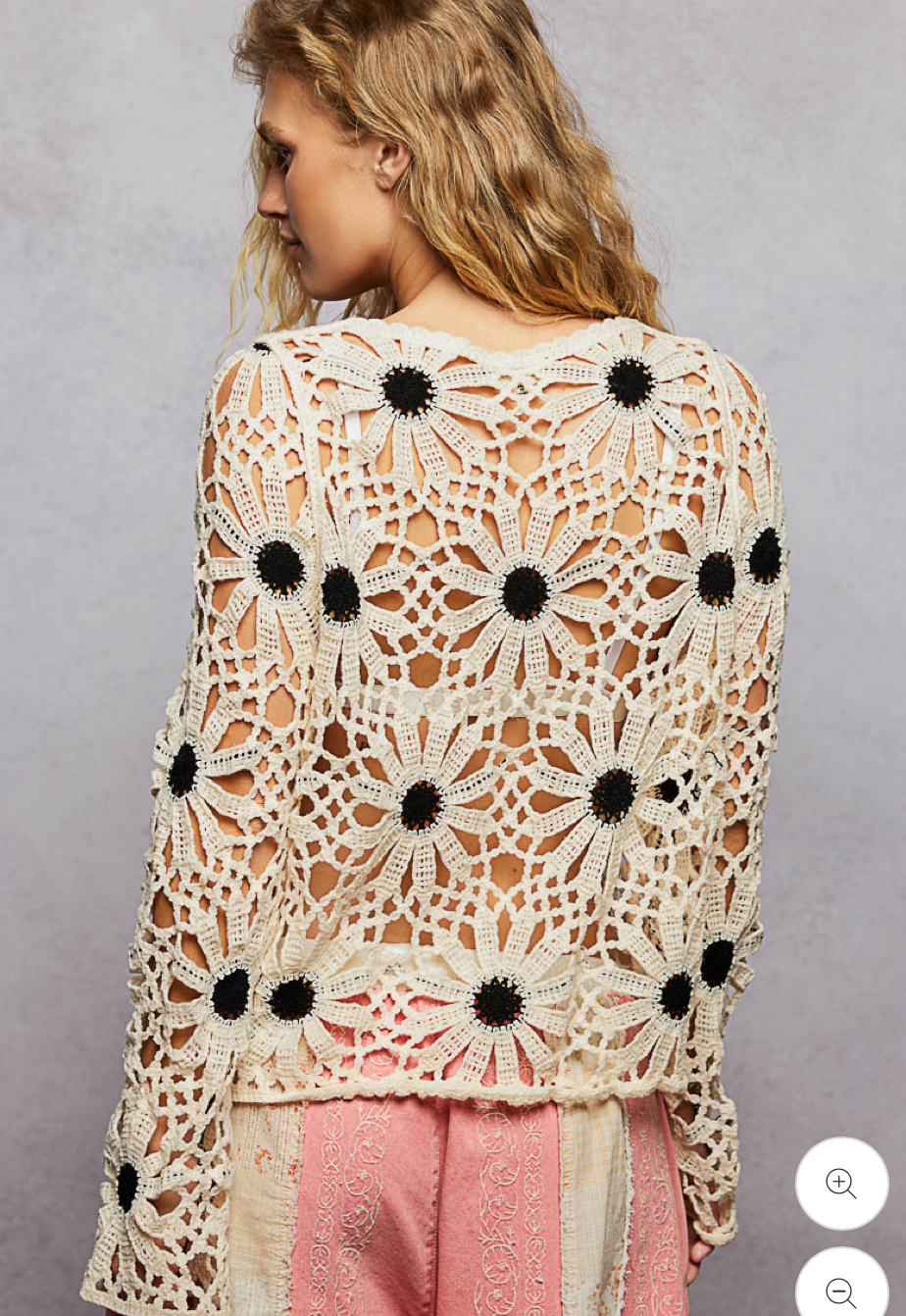 FLORAL WEAVE ROUND NECK LONG SLEEVE CROCHET TOP