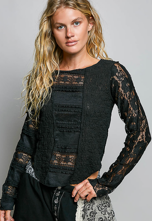 LONG SLEEVE ROUND NECK LACE TEXTUE KNIT TOP