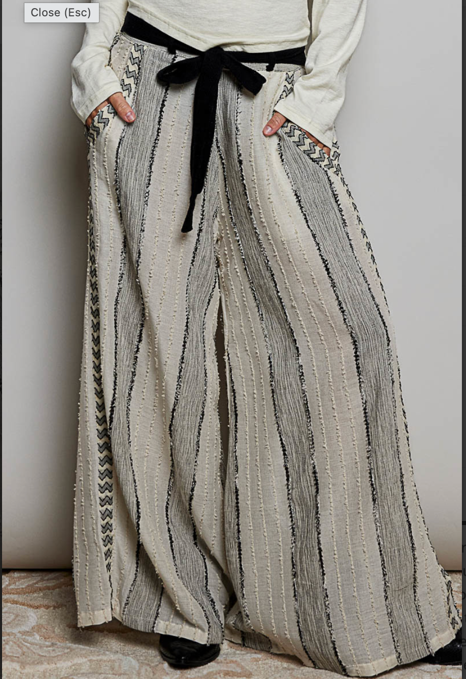 STRIPED TEXTURED FABRIC CRAFTED WAISTBAND WIDE-LEG PANTS