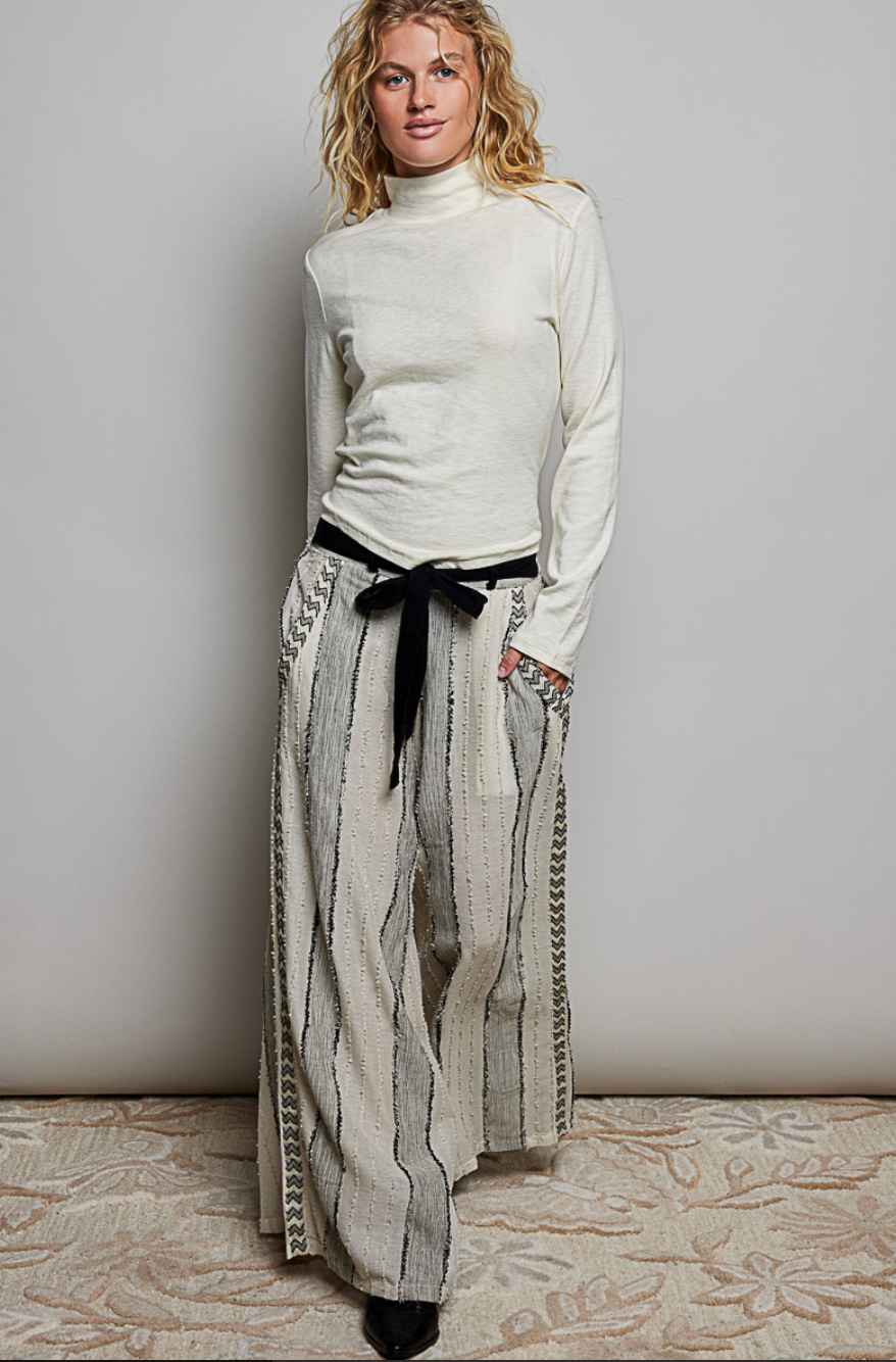STRIPED TEXTURED FABRIC CRAFTED WAISTBAND WIDE-LEG PANTS