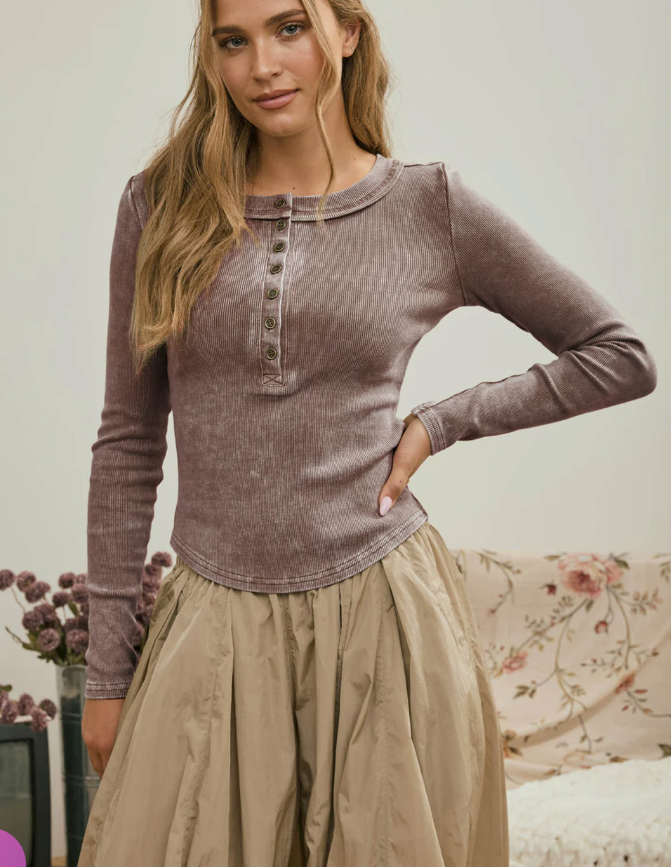 WASHED LONG SLEEVE HENLEY KNIT TOP