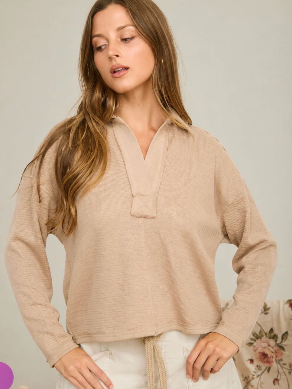 EXPOSED SEAM LONG SLEEVE TEXTURED KNIT POLO