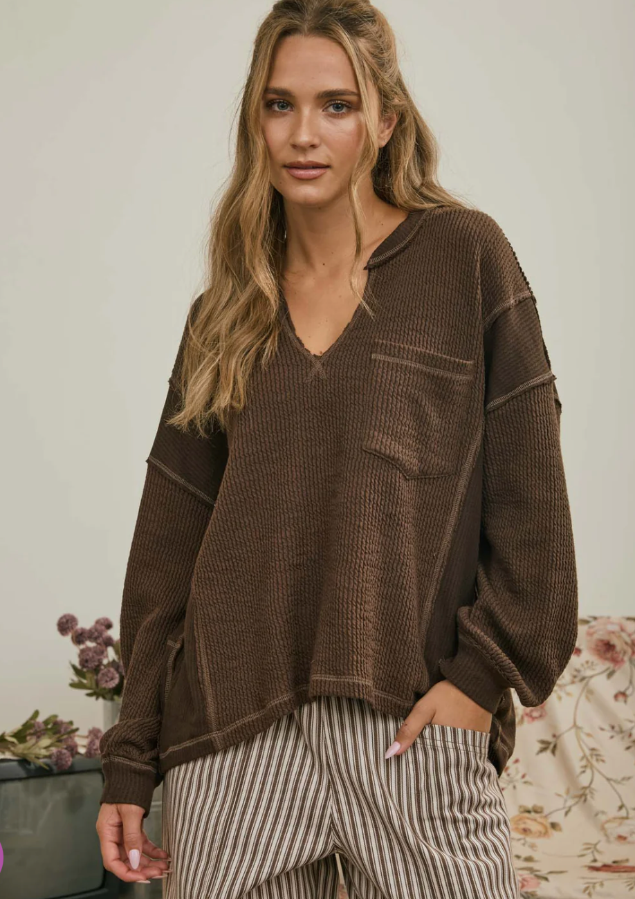 SPLIT NECK RAW EDGE LONG SLEEVE RIBBED KNIT TOP