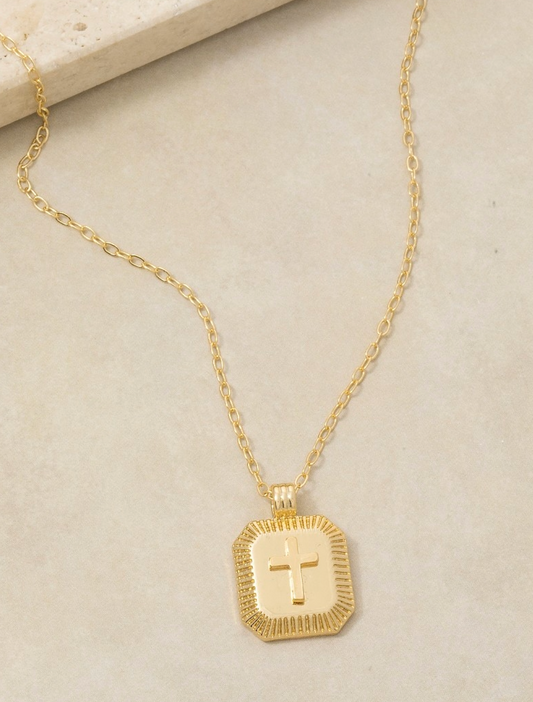 GOLD DIPPED CROSS SQUARE MEDALLION PENDANT NECKLACE