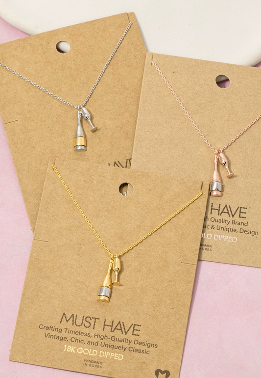 GOLD DIPPED CHAMPAGNE BOTTLE AND GLASS CHARM NECKLACE
